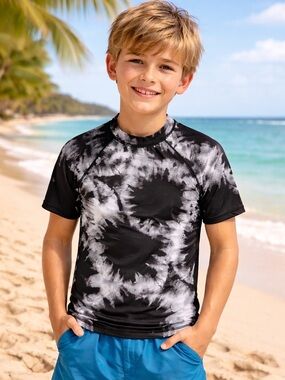 Kanu Surf Black & White Tie-Dye Kids Rash Guard Swim Shirt
